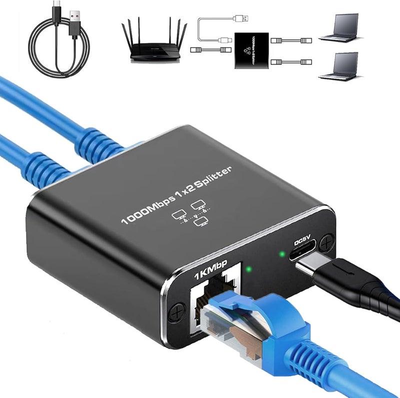 Pushua Gigabit Ethernet Splitter 1 to 2 High Speed(2 Devices Simultaneously Networking),1000Mbps Internet Splitters 1 in 2 out, LAN Splitter with USB Power Cable, RJ45 Splitters for Cat5/5e/6/7/8 Cable - Image 1